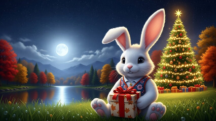 easter bunny in the grass, Cute rabbit holds gift box, full moon shines over lake. Autumn landscape, night sky full of stars. Peaceful nature scene with warm