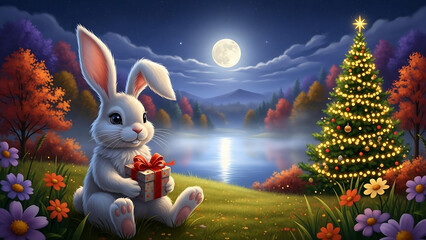 easter bunny in the grass, Cute rabbit holds gift box, full moon shines over lake. Autumn landscape, night sky full of stars. Peaceful nature scene with warm