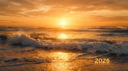 A sunset over the ocean with waves crashing