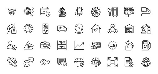 Logistics and supply chain line icon set. Vector pictograms of drone, truck, warehouse, robot, tracking, packaging, handshake, inventory, thin linear illustration.