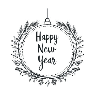 Hand drawn "Happy New Year" text in a botanical wreath.