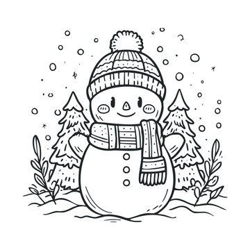 Cute sketch of a snowman between two decorated trees.