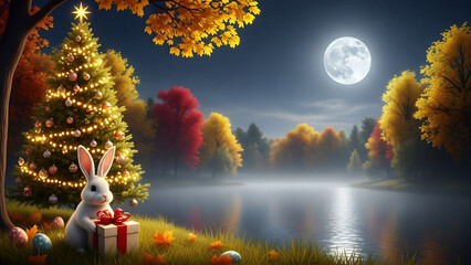 easter bunny in the grass, Cute rabbit holds gift box, full moon shines over lake. Autumn landscape, night sky full of stars. Peaceful nature scene with warm