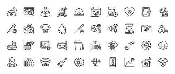 Fototapeta premium Smart pet care and monitoring line icon set. Vector pictograms of tracking, feeding, technology, and health, thin linear illustration.