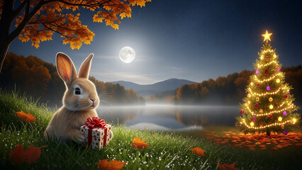 easter bunny in the grass, Cute rabbit holds gift box, full moon shines over lake. Autumn landscape, night sky full of stars. Peaceful nature scene with warm