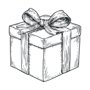 Engraving of a gift box wrapped with a large ribbon.
