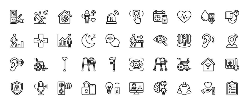 Senior care line icon set. Vector pictograms of medical health, accessibility devices, and remote monitoring, thin linear illustration.