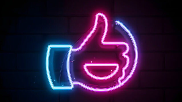 Neon thumbs up sign glowing on dark brick wall background - Powered by Adobe