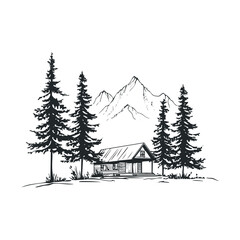 Rustic sketch of a cabin surrounded by mountains and trees.