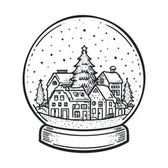 Fototapeta premium Engraving of a winter village inside a snow globe.