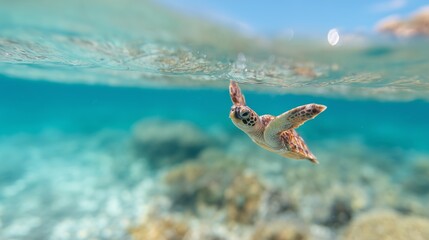 Obraz premium Young sea turtle swims gracefully in clear turquoise waters under sunny sky