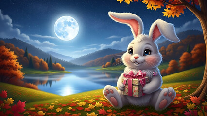 easter bunny in the grass, Cute rabbit holds gift box, full moon shines over lake. Autumn landscape, night sky full of stars. Peaceful nature scene with warm