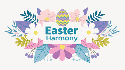 A vibrant easter greeting card design featuring a decorative easter egg and a floral arrangement with the words easter harmony in the center