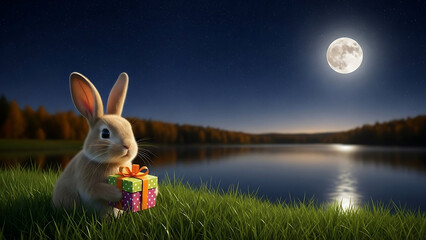 easter bunny in the grass, Cute rabbit holds gift box, full moon shines over lake. Autumn landscape, night sky full of stars. Peaceful nature scene with warm
