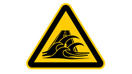 Warning sign indicating potential flooding or inundation of a roadway, with waves depicted over a street