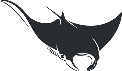 Stylized black vector illustration of a manta ray, ideal for marine-themed design projects and logos.