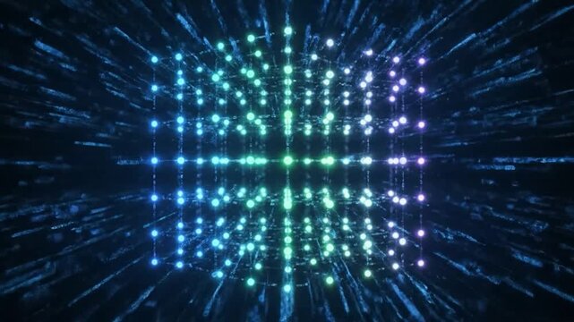 Abstract digital cube of lights, with a starry background and gradient colors