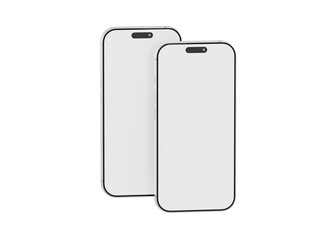 Two smartphones side by side, blank screens ready for display or UI design, isolated on white. Perfect for app