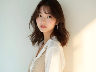 Joyful Young Asian Woman with Natural Makeup Smiling at Camera in Minimalist Setting