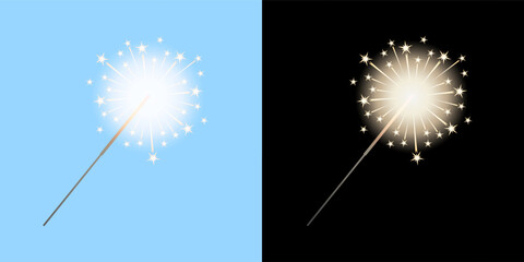 Vector cartoon sparkler stick, options for light and dark backgrounds. Single party sparkler is lit and burning with sparks of star shapes. Illustration for festive celebration and holiday design.