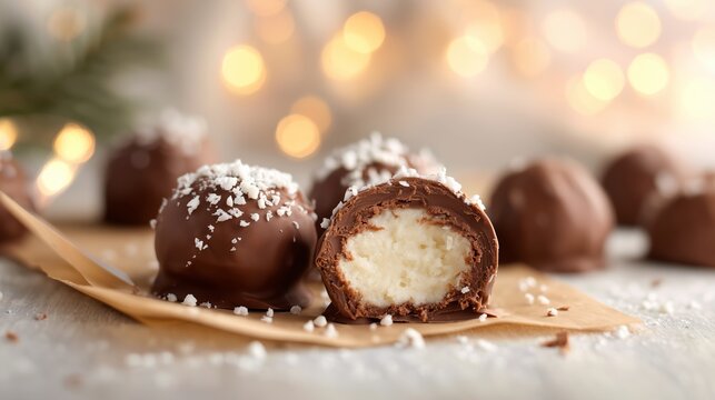Chocolate coconut truffles arranged on a rustic table with festive lights in the background