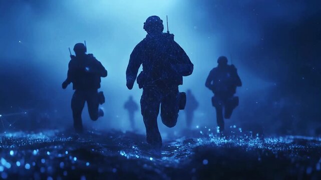 This video features a connected wireframe poly line animation of a group of soldiers running forward in a blue atmosphere, creating a sense of urgency and technology with the connected wireframe look.