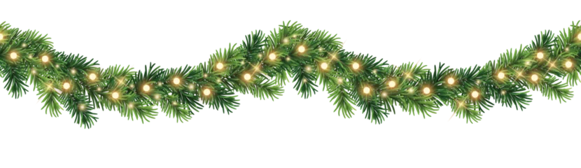 Selbstklebende Fototapeten Sportgeschäft Seamless decorative vector christmas border with coniferous branches and garlands of christmas lights on transparent background  © Kateina
