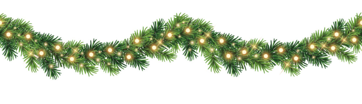 Fototapeta Seamless decorative vector christmas border with coniferous branches and garlands of christmas lights on transparent background