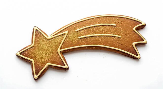A gingerbread cookie shaped like a shooting star, decorated with edible gold glitter, isolated on a white background. - Powered by Adobe