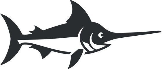 Stylized black silhouette vector illustration of a swordfish, ideal for maritime themes and aquatic designs