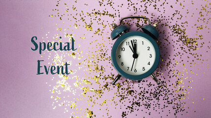 Vintage alarm clock on purple background with glitter, symbolizing special event countdown