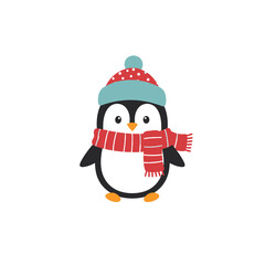 Cute Cartoon Penguin in Winter Hat and Scarf Vector