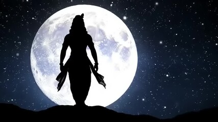Silhouette of Lord Krishna standing against a full moon in a starry night sky, holding a flute
