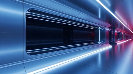 Inside a glossy metallic starship. A seamless, transparent window is cut from the wall, framing the void of space, while a corridor glows with vibrant blue and pink ambient light. 3D render.