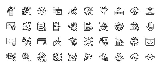 Cybersecurity line icon set. Vector pictograms of firewall, biometric fingerprint, data protection, and antivirus software, thin linear illustration.