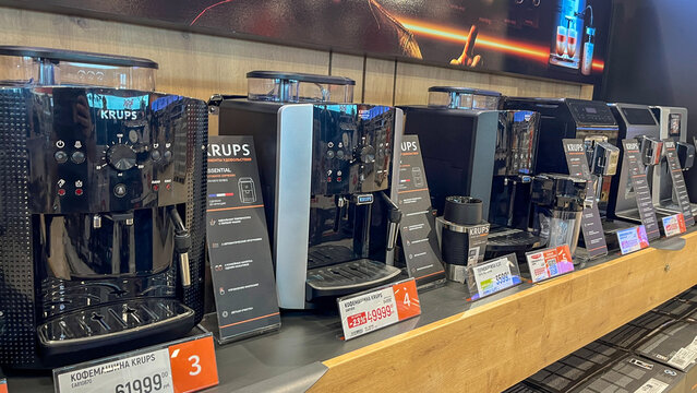 Moscow September 19, 2024, Coffee maker in an electronics store, kitchen appliances for making delicious coffee. High quality photo