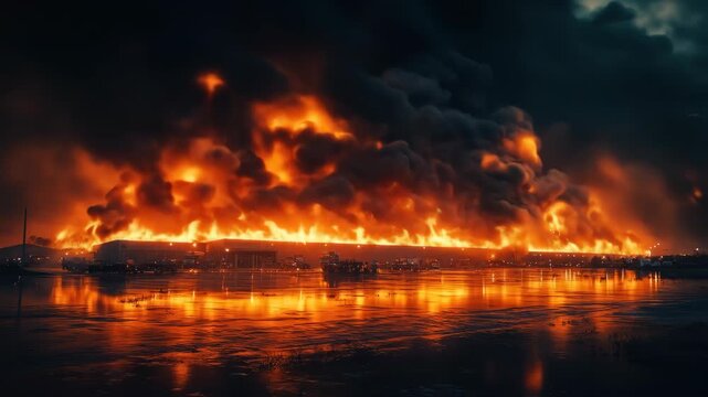 Building ablaze, water reflects flames in nightscape, smoke fills sky