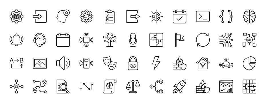 Technology and business line icon set. Vector pictograms of machine learning, security, data analysis, and scheduling, thin linear illustration.