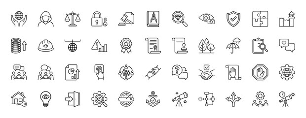 Law and justice icon set. Vector pictograms of scales, handshake, telescope, and shield, thin linear illustration.