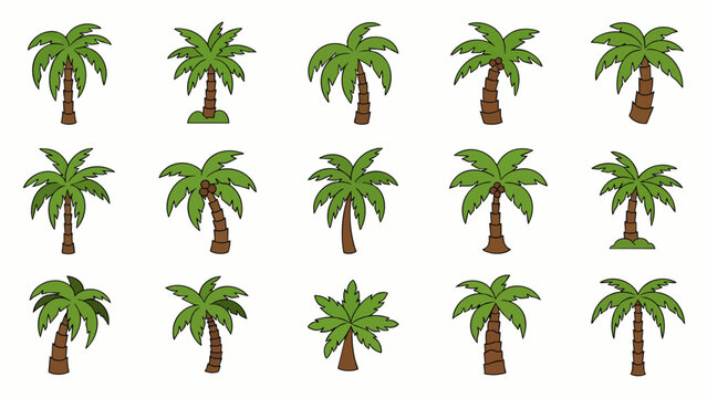 A vibrant collection of diverse cartoon palm tree illustrations, perfect for tropical designs, summer themes, and exotic vacation concepts.