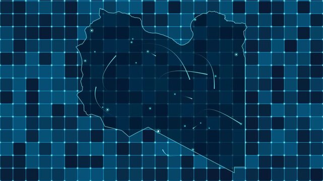Digital grid map animation of Libya, Technology, Communication, Transportation