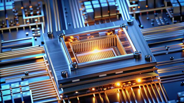 Quantum computing processing future technology innovation science physics algorithm network data speed ai glowing microchip architecture powering next generation research industrial chip motherboard