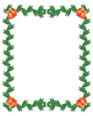 Christmas frame, isolated garland of fir branches with bells and bright lights on a white background. Vector illustration.
