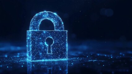 Digital padlock concept rendered in blue. Illustrates online security and data privacy. The lock shape is formed by a connected wireframe poly line animation. Abstract, modern and futuristic. - Powered by Adobe