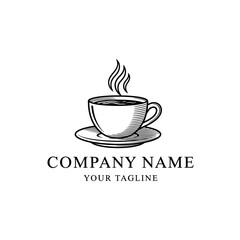 Hand drawn steaming coffee cup on a saucer logo design.