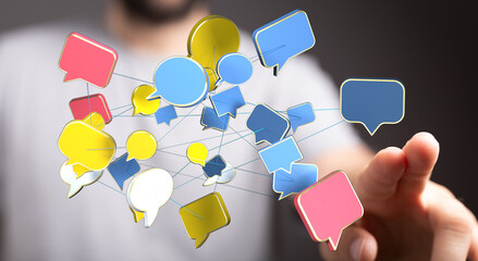 Abstract image representing digital communication and networking. A hand interacting with speech bubble icons,