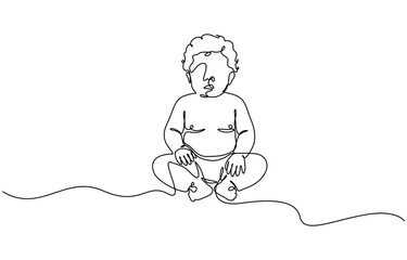 Baby boy sitting in continuous line art drawing style. Cute toddler child black linear sketch isolated on transparent background