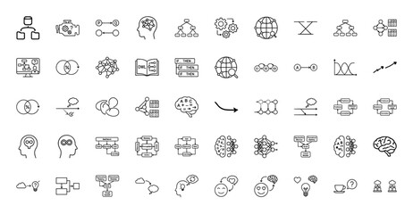 Artificial intelligence and machine learning line icon set. Vector pictograms of neural networks, data flow, and thought processes, thin linear illustration.