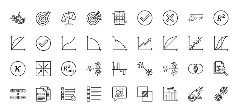 Machine learning and data science outline icon set. Vector pictograms of metrics, evaluation, accuracy, and algorithms, thin linear illustration.