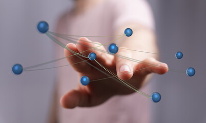 Abstract network of interconnected nodes in the shape of hand connecting to a network. Concept of...